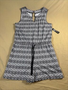 New York & Company Women's Sleeveless Romper Black White Geometric Print L NWT